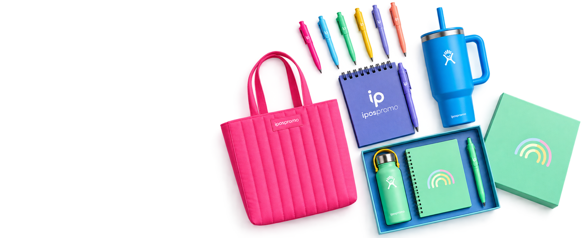 Branded tote bag, pens, notebook, tumbler and gift box with the Ipso Promo logo